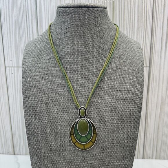 Lia Sophia triple green cord green and olive pendant Stained Glass signed 14 in - Picture 1 of 15